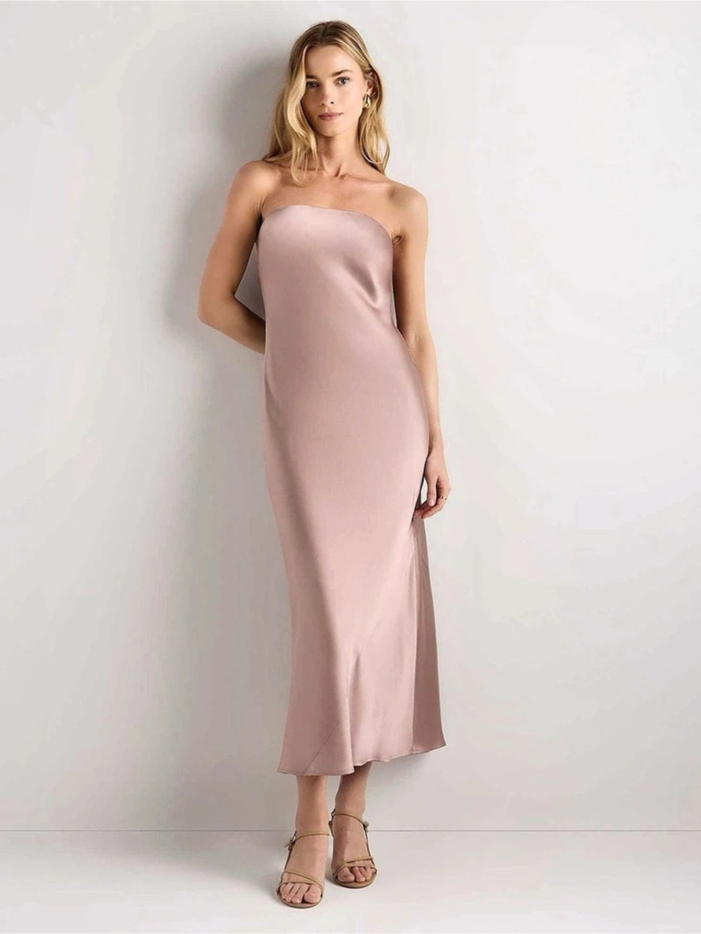 100% washable silk strapless midi dress blush